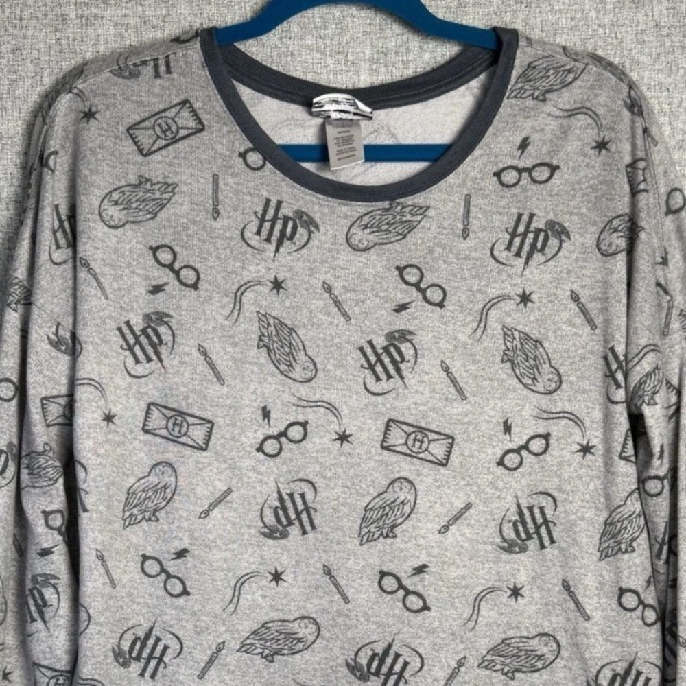 Wizarding World Harry Potter Gray Owl Glasses Print Cozy Pajama Shirt MEDIUM - Picture 1 of 4
